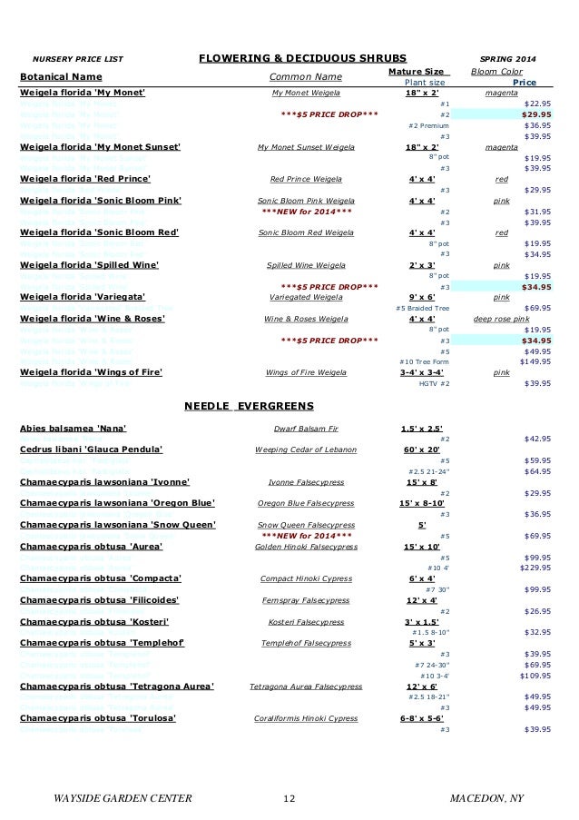 Rochester Landscaping, Nursery Plants Plants Price List