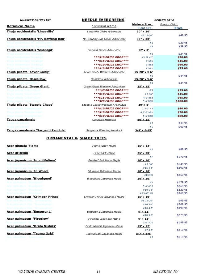 Rochester Landscaping, Nursery Plants Plants Price List