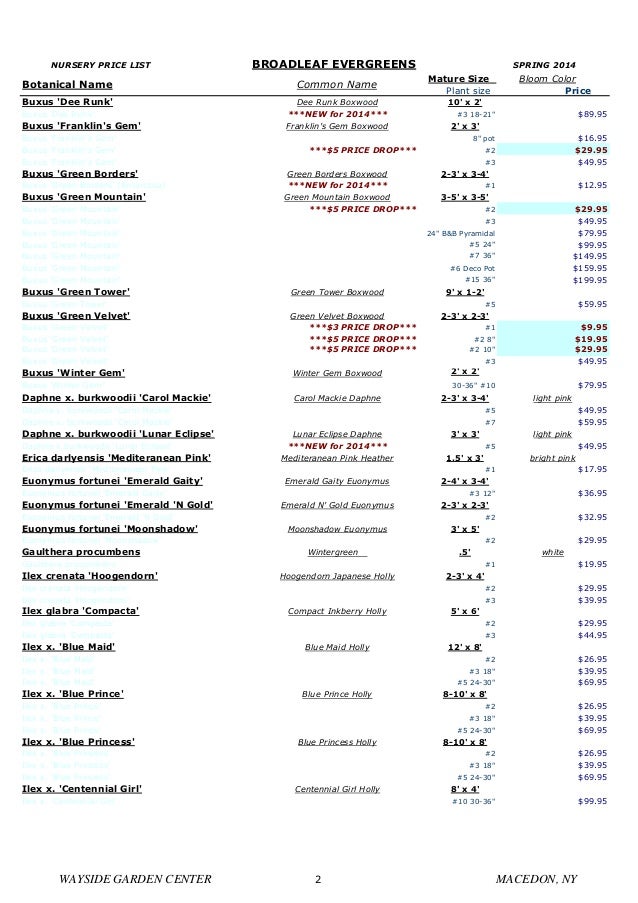 Rochester Landscaping, Nursery Plants Plants Price List