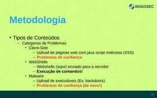 Metodologia
●
Tipos de Conteúdos
– Categorias de Problemas:
• Client-Side
– Upload de páginas web com java script malicioso (XSS)
– Problemas de confiança
• WebShells
– Webshells (aspx) enviado para o servidor
– Execução de comandos!
• Malware
– Upload de executáveis (Ex: backdoors)
– Problemas de confiança (de novo!)
7/15/14 28
 
