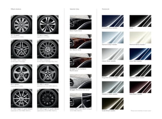 Wheel choices.

Interior trim.

Paintwork.

Anthracite Blue metallic

Black

Diamond Silver metallic

Diamond White metallic31

Iridium Silver metallic

Lunar Blue metallic

Magnetite Black metallic

Obsidian Black metallic

Palladium Silver metallic

Ruby Black metallic

Black Poplar wood
18 10-spoke2
(standard on S 550)

19 twin 5 - spoke2
(optional on S 550)

Burl Walnut wood

19 AMG® twin 5 -spoke2
(S 550 Sport Package)

20 AMG multispoke2
(S 550 Sport Package Plus One)

designo Brown Sunburst
Myrtle wood

20 5 - spoke2
(optional on S 550)

20 AMG 5- spoke2
(standard on S 63 AMG 4matic )
designo Metallized Ash wood29

20 AMG forged 10-spoke (Silver)2
(optional on S 63 AMG 4matic )

20 AMG forged 10- spoke (Black)2
(optional on S 63 AMG 4matic )

Carbon fiber/Piano Black Lacquer
(S 63 AMG 4matic )

Verde Brook metallic

Please see endnotes on back cover.

 
