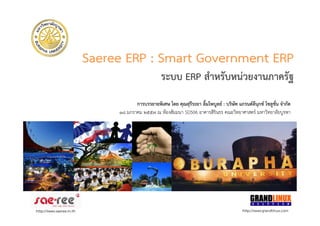 Saeree ERP : Smart Government ERP
ระบบ ERP สําหรับหน&วยงานภาครัฐ
การบรรยายพิเศษ โดย คุณสุรีระยา ลิ้มไพบูลย= : บริษัท แกรนด=ลีนุกซ= โซลูชั่น จํากัด
๑๘ มกราคม ๒๕๕๗ ณ หองสัมมนา SD506 อาคารสิรินธร คณะวิทยาศาสตร! มหาวิทยาลัยบูรพา

http://www.saeree.in.th

http://www.grandlinux.com

 