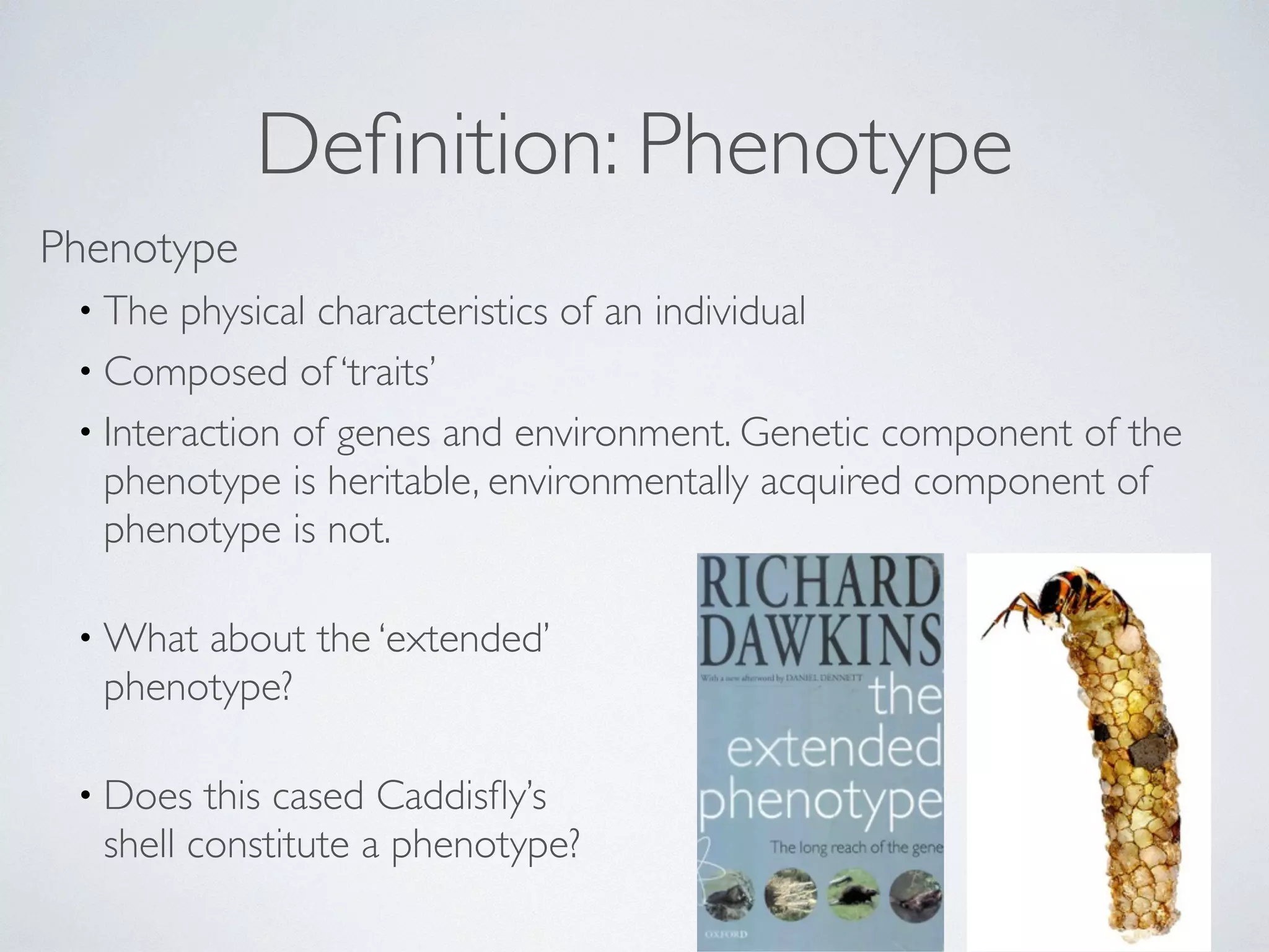 Definition: Phenotype 
Phenotype 
• The physical characteristics of an individual 
• Composed of ‘traits’ 
• Interaction of genes and environment. Genetic component of the 
phenotype is heritable, environmentally acquired component of 
phenotype is not. 
•What about the ‘extended’ 
phenotype? 
• Does this cased Caddisfly’s 
shell constitute a phenotype? 
 