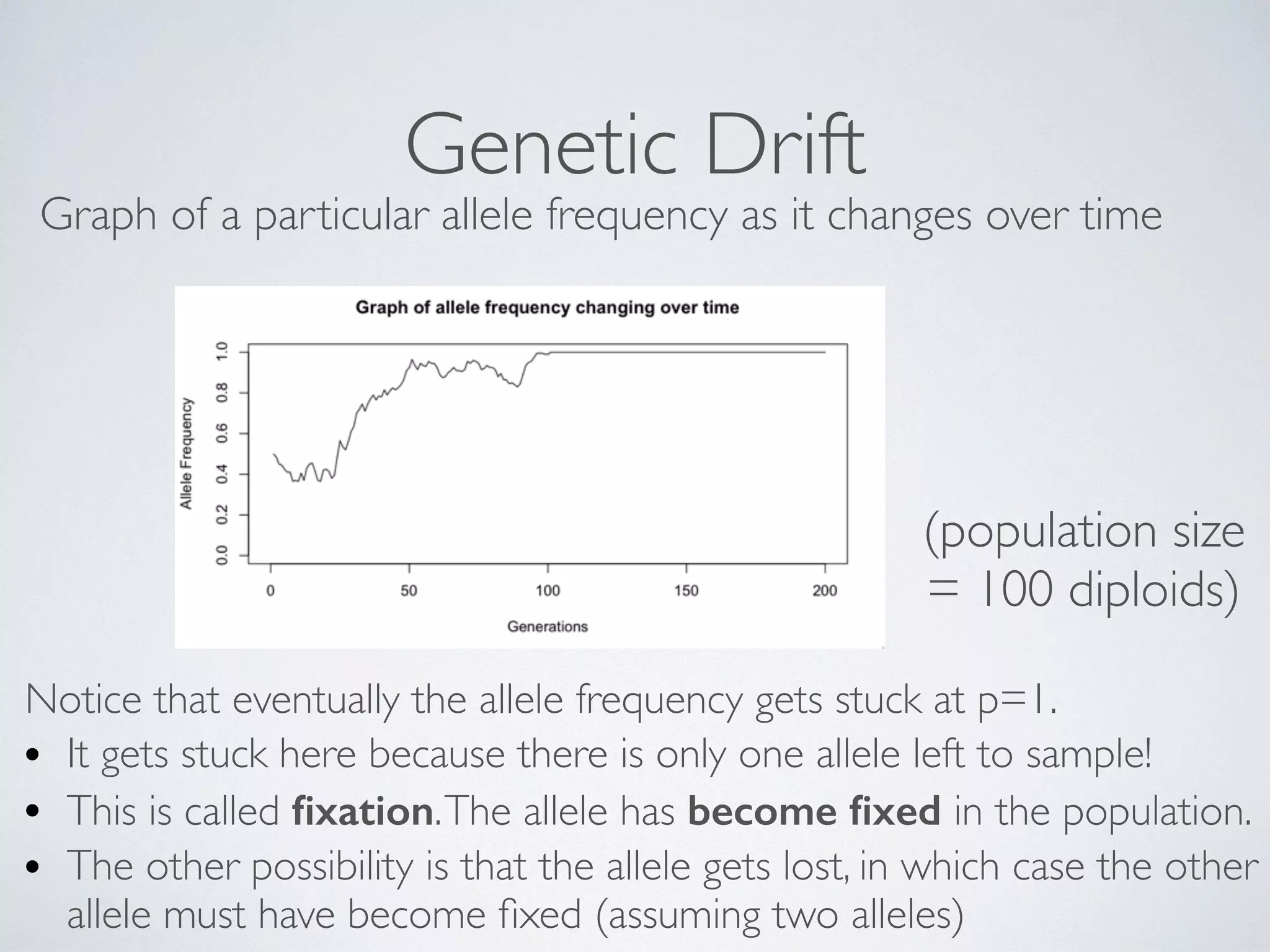 Genetic Drift 
Graph of a particular allele frequency as it changes over time 
Simulation starting with 100 
heterozygous individuals 
(p=0.5) 
(population size 
= 100 diploids) 
Notice that eventually the allele frequency gets stuck at p=1. 
• It gets stuck here because there is only one allele left to sample! 
• This is called fixation. The allele has become fixed in the population. 
• The other possibility is that the allele gets lost, in which case the other 
allele must have become fixed (assuming two alleles) 
 