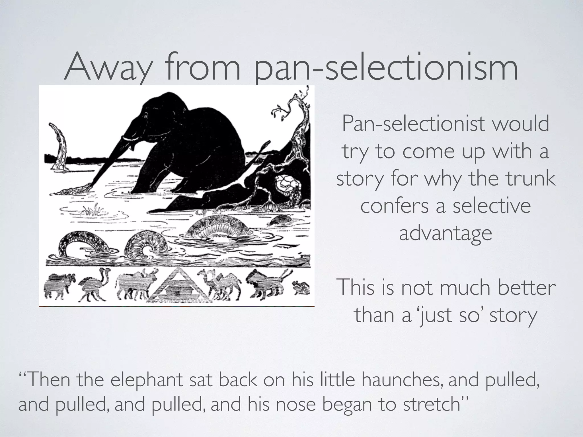 Away from pan-selectionism 
Pan-selectionist would 
try to come up with a 
story for why the trunk 
confers a selective 
advantage 
! 
This is not much better 
than a ‘just so’ story 
“Then the elephant sat back on his little haunches, and pulled, 
and pulled, and pulled, and his nose began to stretch” 
 