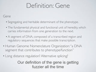 Definition: Gene 
Gene 
• Segregating and heritable determinant of the phenotype. 
• The fundamental physical and functional unit of heredity, which 
carries information from one generation to the next. 
• A segment of DNA, composed of a transcribed region and 
regulatory sequences that make possible transcription. 
• Human Genome Nomenclature Organization: “a DNA 
segment that contributes to phenotype/function” 
• Long distance regulation? Alternative splicing? 
Our definition of the gene is getting 
fuzzier all the time 
 