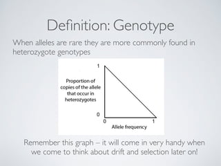 Definition: Genotype 
When alleles are rare they are more commonly found in 
heterozygote genotypes 
Remember this graph – it will come in very handy when 
we come to think about drift and selection later on! 
 