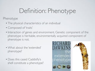 Definition: Phenotype 
Phenotype 
• The physical characteristics of an individual 
• Composed of ‘traits’ 
• Interaction of genes and environment. Genetic component of the 
phenotype is heritable, environmentally acquired component of 
phenotype is not. 
•What about the ‘extended’ 
phenotype? 
• Does this cased Caddisfly’s 
shell constitute a phenotype? 
 