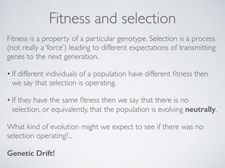 Fitness and selection 
Fitness is a property of a particular genotype. Selection is a process 
(not really a ‘force’) leading to different expectations of transmitting 
genes to the next generation. 
• If different individuals of a population have different fitness then 
we say that selection is operating. 
• If they have the same fitness then we say that there is no 
selection, or equivalently, that the population is evolving neutrally. 
What kind of evolution might we expect to see if there was no 
selection operating?... 
Genetic Drift! 
 