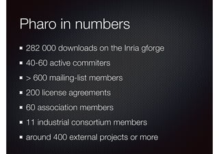 Pharo in numbers 
282 000 downloads on the Inria gforge 
40-60 active commiters 
> 600 mailing-list members 
200 license agreements 
60 association members 
11 industrial consortium members 
around 400 external projects or more 
 