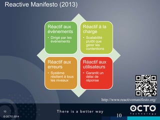 10
© OCTO 2014
Reactive Manifesto (2013)
Réactif aux
évènements
• Dirigé par les
évènements
Réactif à la
charge
• Scalabilité
plutôt que
gérer les
contentions
Réactif aux
erreurs
• Système
résilient à tous
les niveaux
Réactif aux
utilisateurs
• Garantit un
délai de
réponse
10
http://www.reactivemanifesto.org/
 