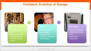Prehistoric Evolution of Storage 
Tape 
• “We can store 
stuff!” 
•Good sequential 
throughput; non-existent 
random 
access 
Disk 
• “Spinning rust” 
•Reasonable 
compromise 
between sequential 
and random 
Disk Array 
• “A bunch of disks 
pretending to be 
one” 
•Faster and 
redundant 
 