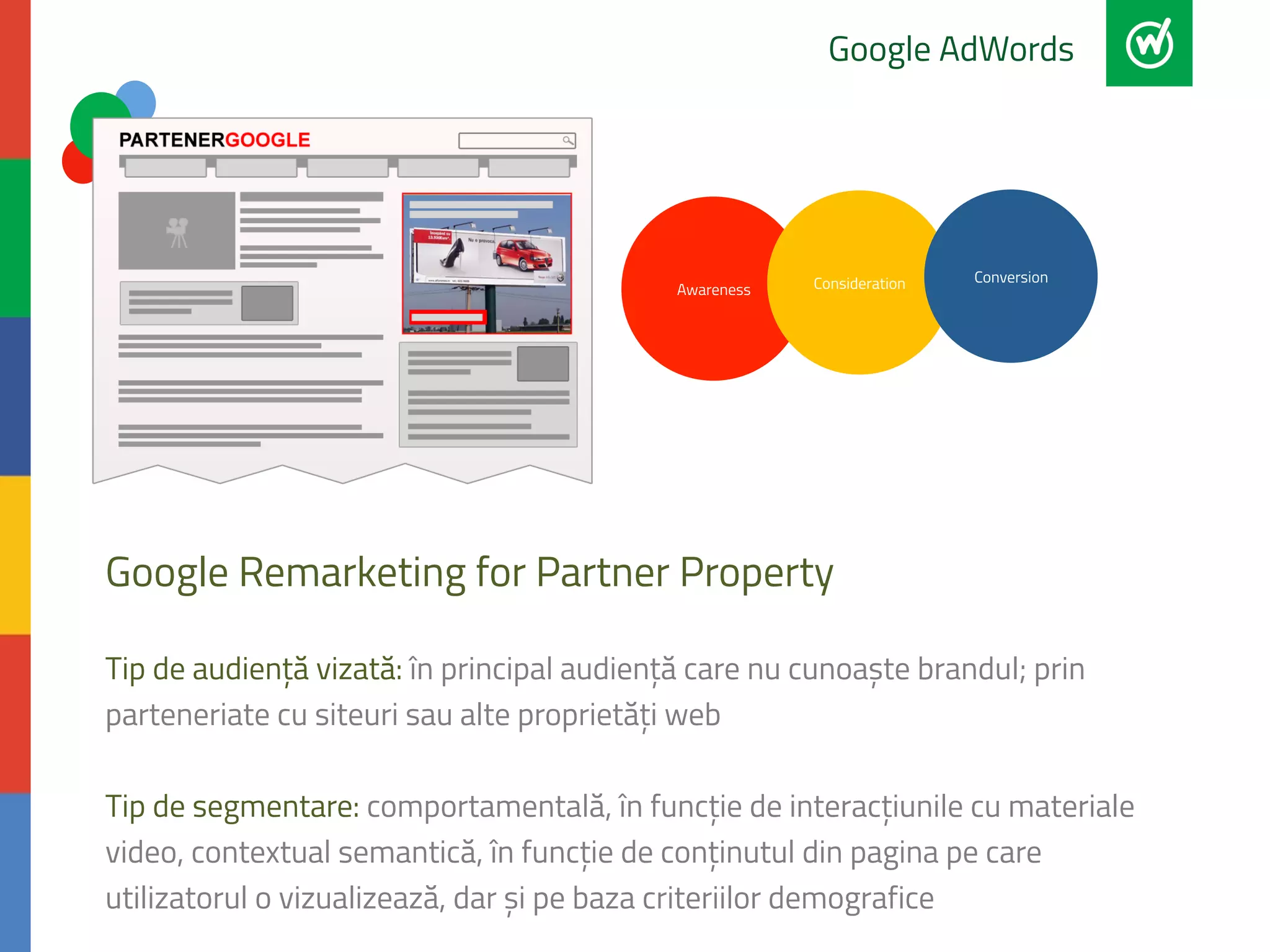 Google AdWords 
Awareness Consideration Conversion 
Google Remarketing for Partner Property 
Tip de audiență vizată: în principal audiență care nu cunoaște brandul; prin 
parteneriate cu siteuri sau alte proprietăți web 
Tip de segmentare: comportamentală, în funcție de interacțiunile cu materiale 
video, contextual semantică, în funcție de conținutul din pagina pe care 
utilizatorul o vizualizează, dar și pe baza criteriilor demografice 
 