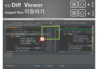 멋진 Diﬀ Viewer
staged ﬁles 이동하기
⇧⌘ + [
⇧⌘ + ]
1
 