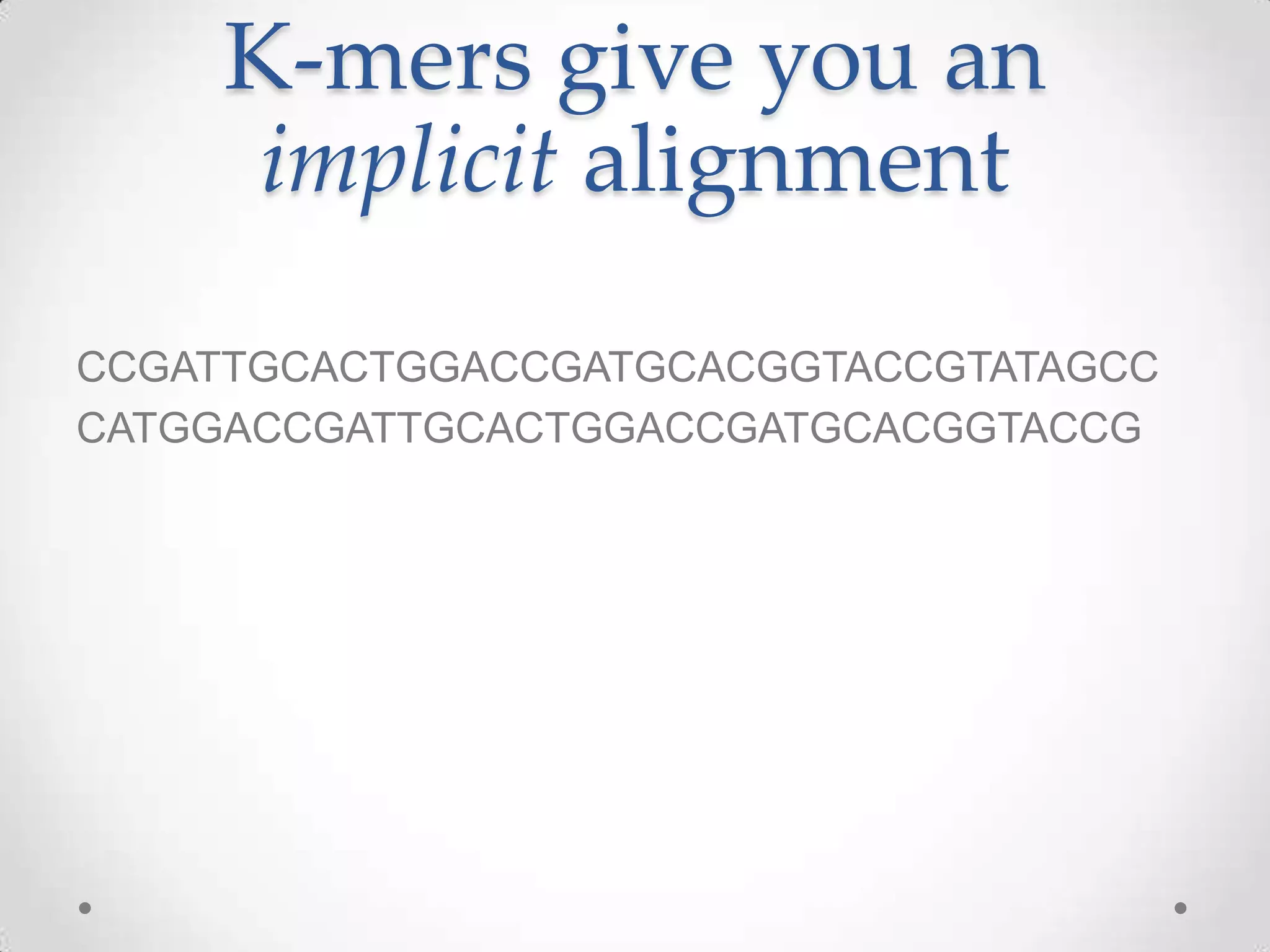 K-mers give you an
implicit alignment
CCGATTGCACTGGACCGATGCACGGTACCGTATAGCC
CATGGACCGATTGCACTGGACCGATGCACGGTACCG
 