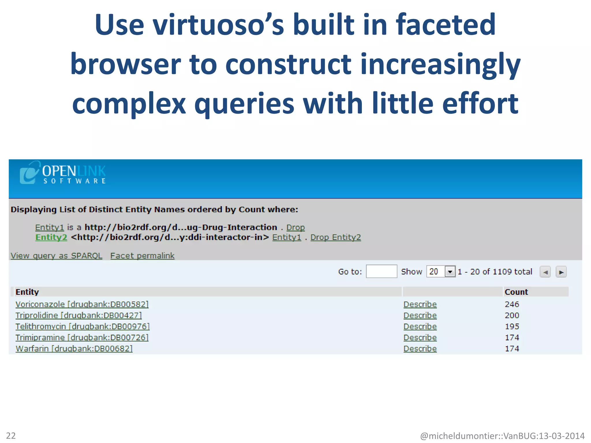 Use virtuoso’s built in faceted
browser to construct increasingly
complex queries with little effort
@micheldumontier::VanBUG:13-03-201422
 