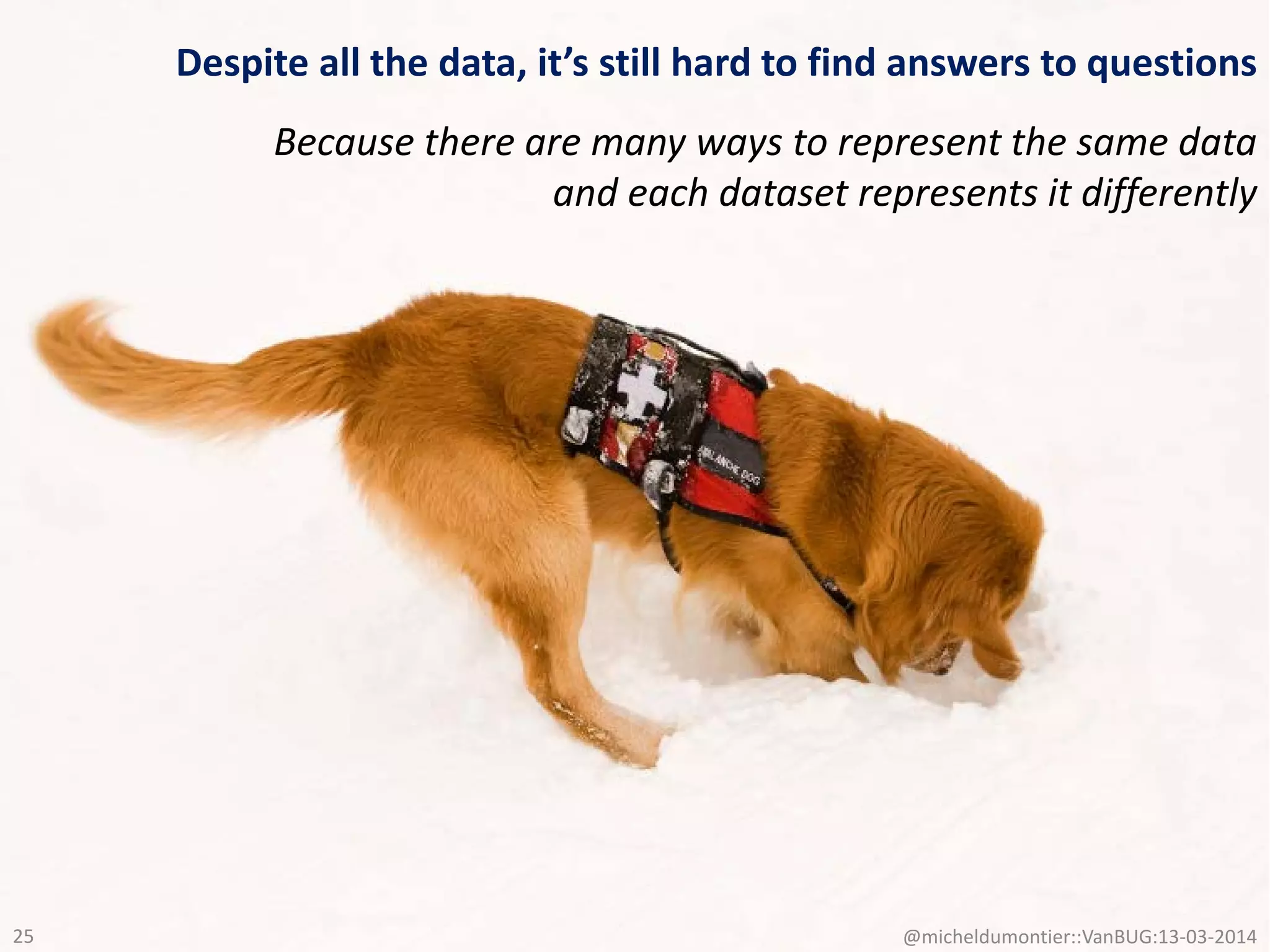 Despite all the data, it’s still hard to find answers to questions
Because there are many ways to represent the same data
and each dataset represents it differently
@micheldumontier::VanBUG:13-03-201425
 