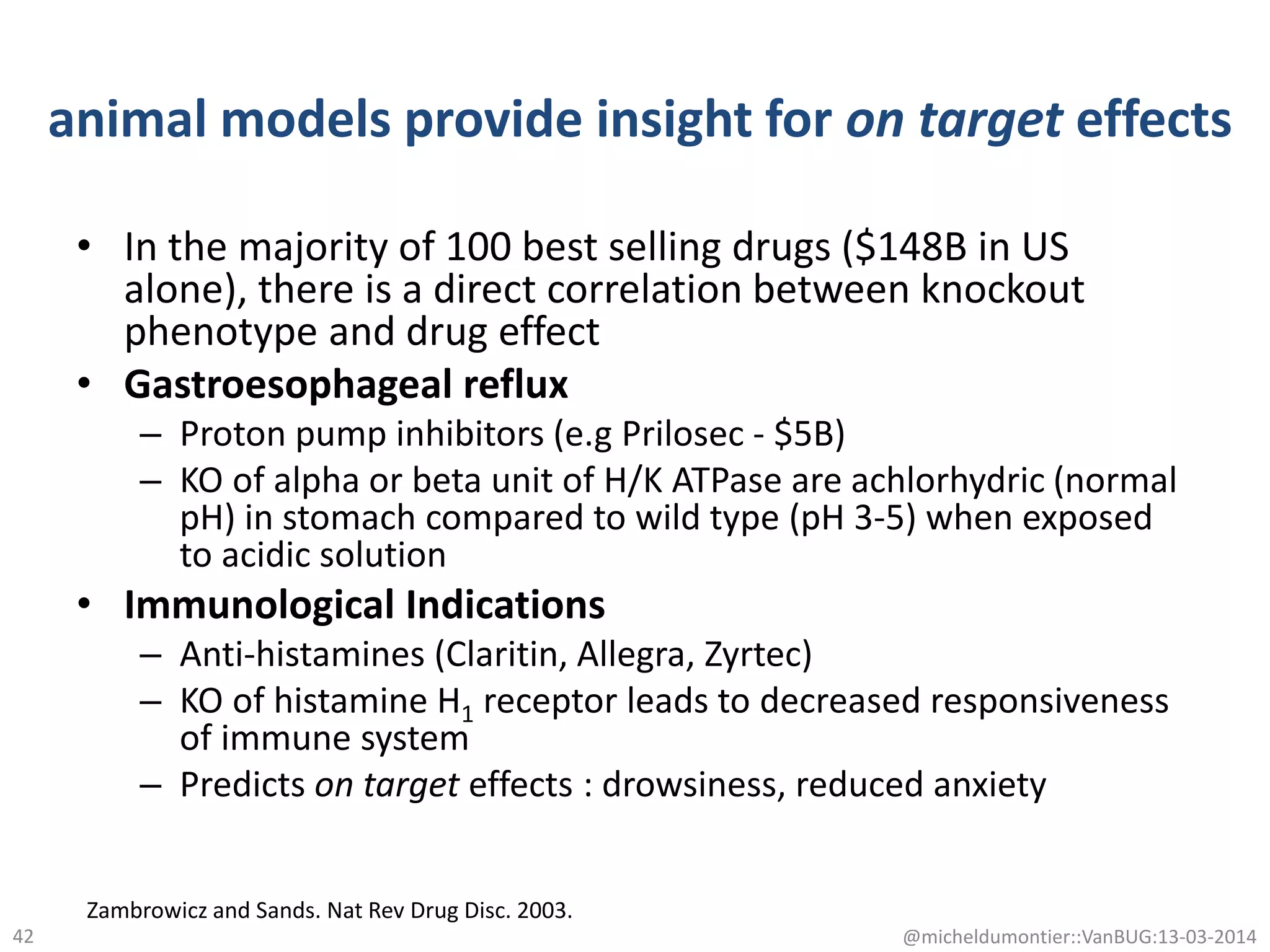 animal models provide insight for on target effects
• In the majority of 100 best selling drugs ($148B in US
alone), there is a direct correlation between knockout
phenotype and drug effect
• Gastroesophageal reflux
– Proton pump inhibitors (e.g Prilosec - $5B)
– KO of alpha or beta unit of H/K ATPase are achlorhydric (normal
pH) in stomach compared to wild type (pH 3-5) when exposed
to acidic solution
• Immunological Indications
– Anti-histamines (Claritin, Allegra, Zyrtec)
– KO of histamine H1 receptor leads to decreased responsiveness
of immune system
– Predicts on target effects : drowsiness, reduced anxiety
@micheldumontier::VanBUG:13-03-201442
Zambrowicz and Sands. Nat Rev Drug Disc. 2003.
 