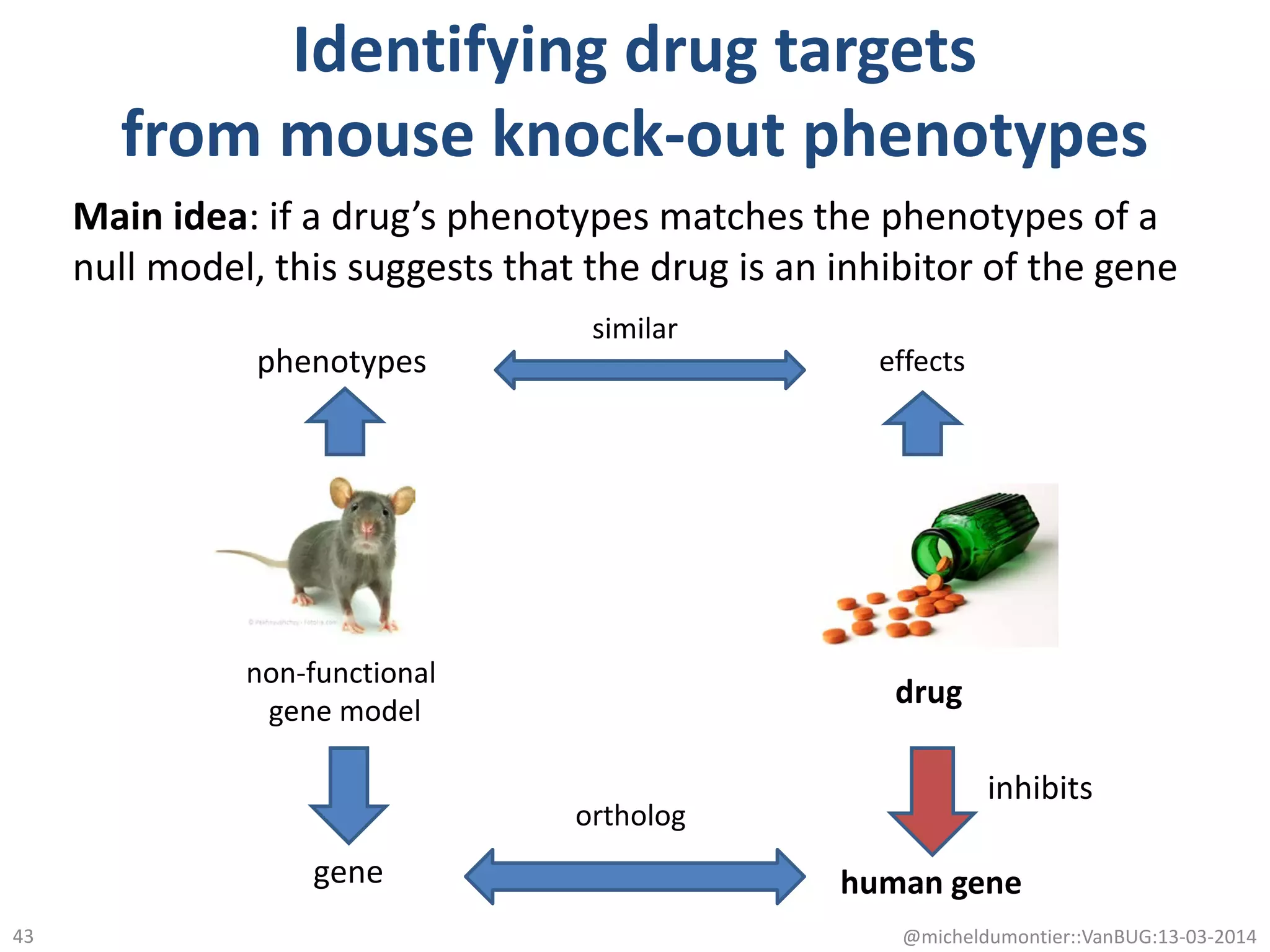 Identifying drug targets
from mouse knock-out phenotypes
@micheldumontier::VanBUG:13-03-201443
drug
gene
phenotypes effects
human gene
non-functional
gene model
ortholog
similar
inhibits
Main idea: if a drug’s phenotypes matches the phenotypes of a
null model, this suggests that the drug is an inhibitor of the gene
 