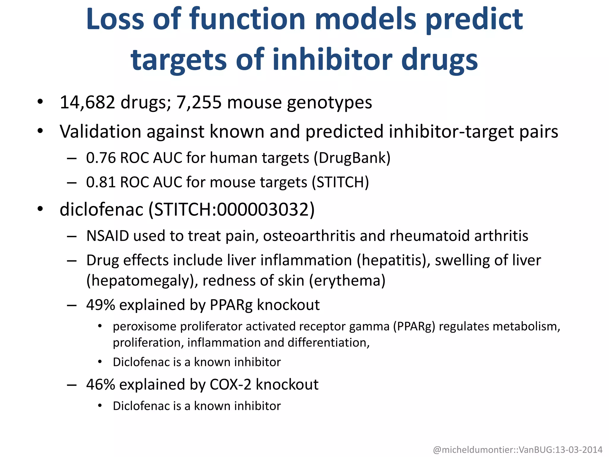 Loss of function models predict
targets of inhibitor drugs
• 14,682 drugs; 7,255 mouse genotypes
• Validation against known and predicted inhibitor-target pairs
– 0.76 ROC AUC for human targets (DrugBank)
– 0.81 ROC AUC for mouse targets (STITCH)
• diclofenac (STITCH:000003032)
– NSAID used to treat pain, osteoarthritis and rheumatoid arthritis
– Drug effects include liver inflammation (hepatitis), swelling of liver
(hepatomegaly), redness of skin (erythema)
– 49% explained by PPARg knockout
• peroxisome proliferator activated receptor gamma (PPARg) regulates metabolism,
proliferation, inflammation and differentiation,
• Diclofenac is a known inhibitor
– 46% explained by COX-2 knockout
• Diclofenac is a known inhibitor
@micheldumontier::VanBUG:13-03-2014
 
