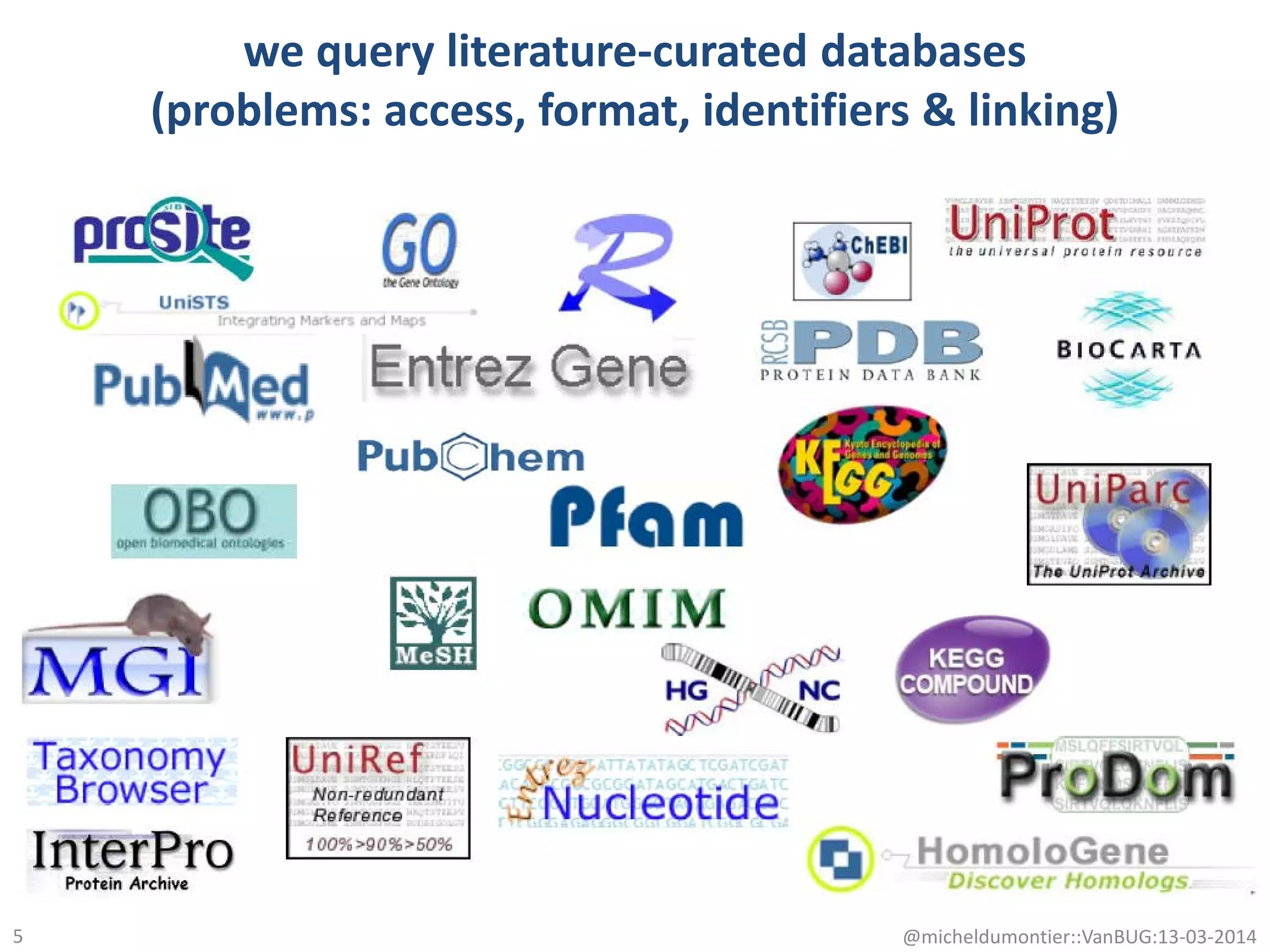 we query literature-curated databases
(problems: access, format, identifiers & linking)
5 @micheldumontier::VanBUG:13-03-2014
 