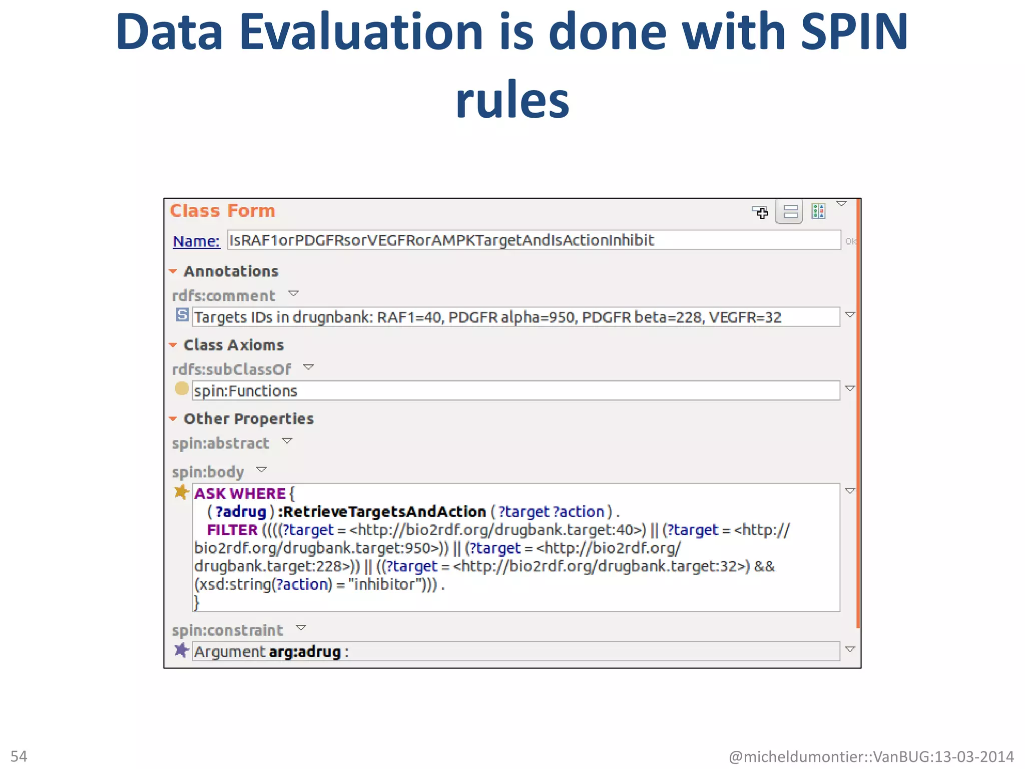 Data Evaluation is done with SPIN
rules
@micheldumontier::VanBUG:13-03-201454
 