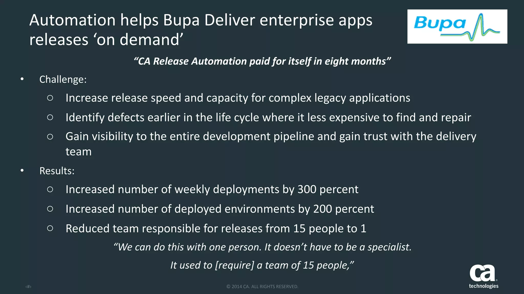 ‹#› ©	
  2014	
  CA.	
  ALL	
  RIGHTS	
  RESERVED.
Automation	
  helps	
  Bupa	
  Deliver	
  enterprise	
  apps	
  
releases	
  ‘on	
  demand’	
  
“CA	
  Release	
  Automation	
  paid	
  for	
  itself	
  in	
  eight	
  months”	
  
• Challenge:	
  	
  
o Increase	
  release	
  speed	
  and	
  capacity	
  for	
  complex	
  legacy	
  applications	
  
o Identify	
  defects	
  earlier	
  in	
  the	
  life	
  cycle	
  where	
  it	
  less	
  expensive	
  to	
  find	
  and	
  repair	
  
o Gain	
  visibility	
  to	
  the	
  entire	
  development	
  pipeline	
  and	
  gain	
  trust	
  with	
  the	
  delivery	
  
team	
  
• Results:	
  
o Increased	
  number	
  of	
  weekly	
  deployments	
  by	
  300	
  percent	
  
o Increased	
  number	
  of	
  deployed	
  environments	
  by	
  200	
  percent	
  
o Reduced	
  team	
  responsible	
  for	
  releases	
  from	
  15	
  people	
  to	
  1	
  
“We	
  can	
  do	
  this	
  with	
  one	
  person.	
  It	
  doesn’t	
  have	
  to	
  be	
  a	
  specialist.	
  	
  
It	
  used	
  to	
  [require]	
  a	
  team	
  of	
  15	
  people,”	
  
 