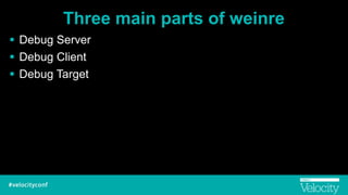 Three main parts of weinre
! Debug Server
! Debug Client
! Debug Target
 