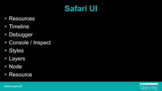 Safari UI
! Resources
! Timeline
! Debugger
! Console / Inspect
! Styles
! Layers
! Node
! Resource
 