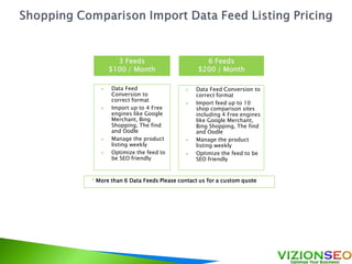3 Feeds
$100 / Month
6 Feeds
$200 / Month
 Data Feed
Conversion to
correct format
 Import up to 4 Free
engines like Google
Merchant, Bing
Shopping, The find
and Oodle
 Manage the product
listing weekly
 Optimize the feed to
be SEO friendly
 Data Feed Conversion to
correct format
 Import feed up to 10
shop comparison sites
including 4 Free engines
like Google Merchant,
Bing Shopping, The find
and Oodle
 Manage the product
listing weekly
 Optimize the feed to be
SEO friendly
* More than 6 Data Feeds Please contact us for a custom quote
 