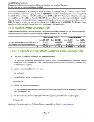 2014 Wellgreen Platinum: Q2 MD&A & Interim Financial Statements