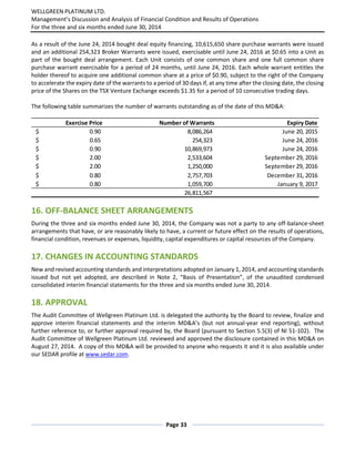 2014 Wellgreen Platinum: Q2 MD&A & Interim Financial Statements