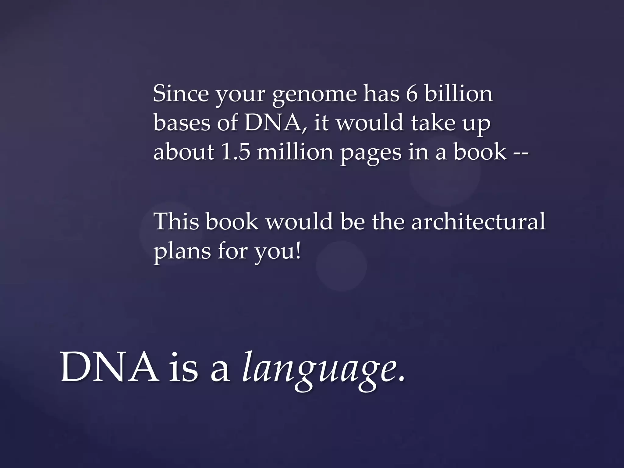 Since your genome has 6 billion
bases of DNA, it would take up
about 1.5 million pages in a book -This book would be the architectural
plans for you!

DNA is a language.

 