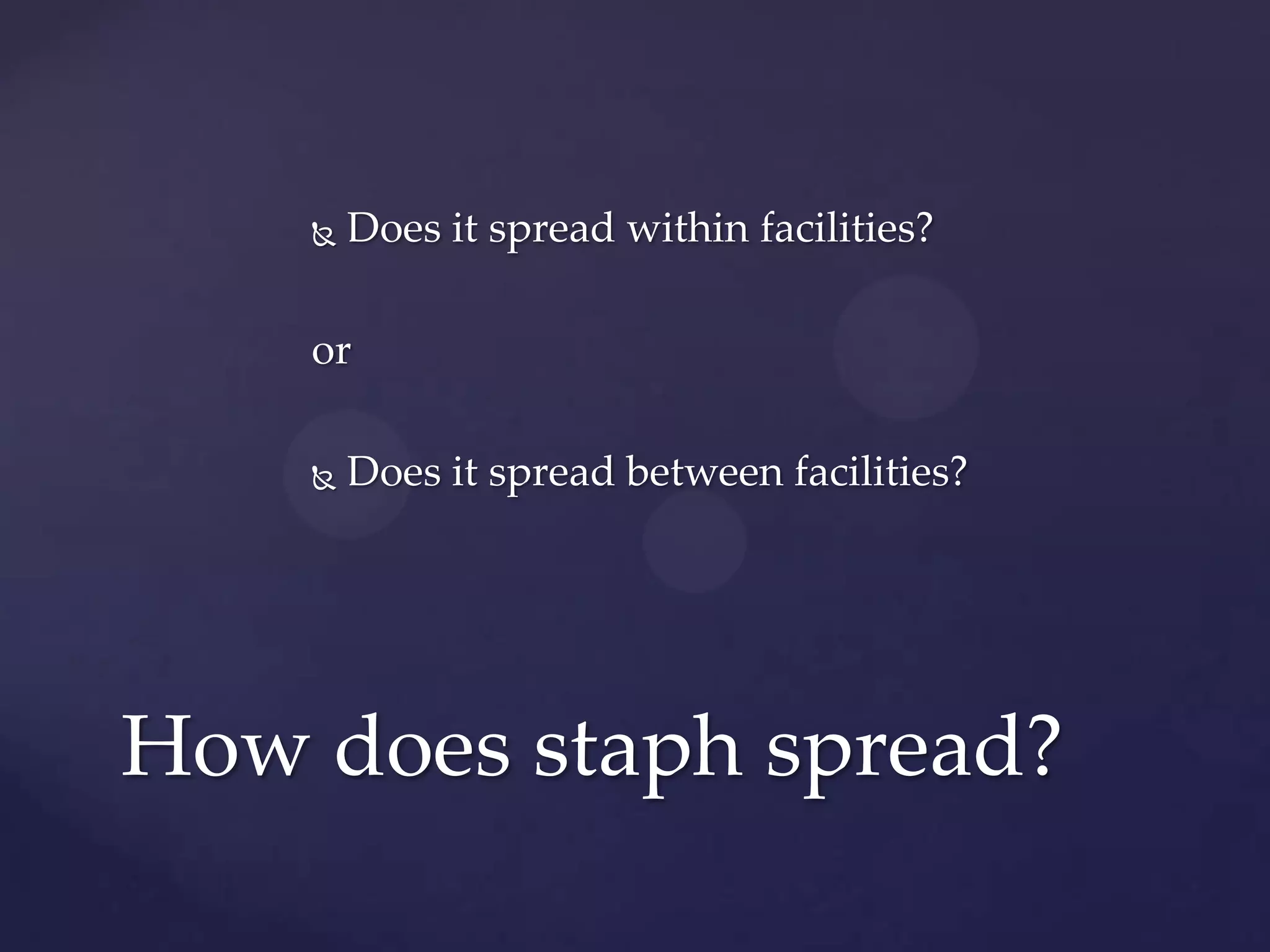 

Does it spread within facilities?

or


Does it spread between facilities?

How does staph spread?

 