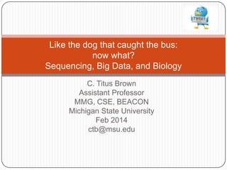 Like the dog that caught the bus:
now what?
Sequencing, Big Data, and Biology
C. Titus Brown
Assistant Professor
MMG, CSE, BEACON
Michigan State University
Feb 2014
ctb@msu.edu

 