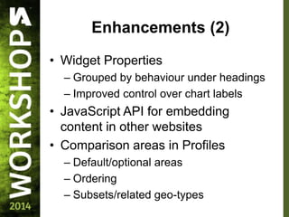 Enhancements (2)
• Widget Properties
– Grouped by behaviour under headings
– Improved control over chart labels
• JavaScript API for embedding
content in other websites
• Comparison areas in Profiles
– Default/optional areas
– Ordering
– Subsets/related geo-types