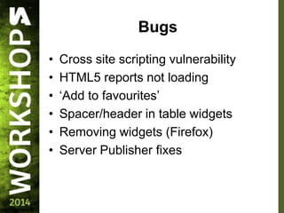 Bugs
• Cross site scripting vulnerability
• HTML5 reports not loading
• ‘Add to favourites’
• Spacer/header in table widgets
• Removing widgets (Firefox)
• Server Publisher fixes