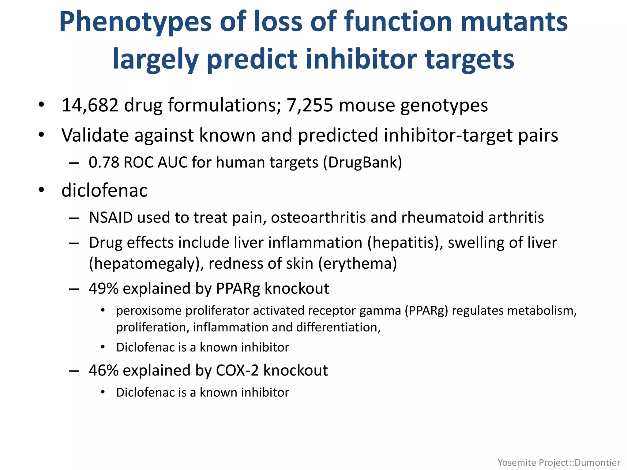 Phenotypes of loss of function mutants
largely predict inhibitor targets
• 14,682 drug formulations; 7,255 mouse genotypes
• Validate against known and predicted inhibitor-target pairs
– 0.78 ROC AUC for human targets (DrugBank)
• diclofenac
– NSAID used to treat pain, osteoarthritis and rheumatoid arthritis
– Drug effects include liver inflammation (hepatitis), swelling of liver
(hepatomegaly), redness of skin (erythema)
– 49% explained by PPARg knockout
• peroxisome proliferator activated receptor gamma (PPARg) regulates metabolism,
proliferation, inflammation and differentiation,
• Diclofenac is a known inhibitor
– 46% explained by COX-2 knockout
• Diclofenac is a known inhibitor
Yosemite Project::Dumontier
 