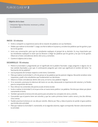 10 / Módulo Nº 2: Acerquémonos a la poesía / Lenguaje y Comunicación / 6° básico / Guía Didáctica
PLAN DE CLASE Nº 2
INICIO / 15 minutos
Pídales que realicen la Actividad 1. Luego, escriba la tabla en la pizarra y socialice las palabras que les gustan y que
las no les gustan.
los estudiantes expliquen la razón que los llevaron a elegir las palabras que les gustan y las que no les gustan.
Observen si hubo coincidencias dentro del curso y comenten.
Cuente el objetivo de la clase.
DESARROLLO / 55 minutos
Motive la Actividad 2, preguntando por el significado de la palabra fascinado. Luego pregunte si alguna vez se
han sentido fascinados y por qué. A continuación pregunte qué creen que significará el nombre del texto “La
fascinación de las palabras”.
Lea la propuesta de Cortázar respecto a este tema. Comenten.
respuestas y pedir a los estudiantes que fundamenten sus decisiones.
Observe si hubo coincidencias dentro del curso, en torno a las palabras mágicas.
Si es necesario, promueva la relectura del texto en voz alta, destacando la importancia del volumen y la fluidez
para la comprensión del texto.
Para reforzar los contenidos del poema acuda al texto escolar.
nuevamente el texto.
También aproveche la lectura de este poema para actualizar los conceptos de verso y estrofa.
Concuerden que el poema tiene seis estrofas y que las cuatro primeras tienen cuatro versos y las dos últimas,
cinco versos.
Pueden practicar la lectura en voz alta por estrofa. Alterne por filas y relea el poema sin perder el goce poético
que brinda esta actividad.
Pida que realicen la Actividad 5, numerando, en la segunda columna, según corresponda. Revisen colectivamente
la actividad.
la comparación.
 