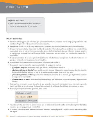 22 / Módulo Nº 2: Acerquémonos a la poesía / Lenguaje y Comunicación / 6° básico / Guía Didáctica
PLAN DE CLASE Nº 8
INICIO / 15 minutos
Socialice la tarea y pida que comenten qué opinaron los familiares acerca del uso del lenguaje figurado en la vida
cotidiana. Pregúnteles si descubrieron nuevas expresiones.
Realice la Actividad 1, a fin de elegir a algún poeta (de este u otro módulo) para elaborar el texto informativo.
En esta misma actividad se recupera la finalidad de los textos informativos, a fin de establecer tres características
que deberá tener el escrito. Converse con ellos acerca de la importancia de que utilice un lenguaje objetivo
y preciso, que contenga información comprobable y que posea una estructura con introducción, desarrollo y
conclusión.
Si las características de su curso y la motivación de los estudiantes así lo requieren, incentive la realización en
parejas o tríos de la escritura de este texto biográfico.
Planifiquen la escritura de un texto informativo, realizando la Actividad 2.
Destaque la importancia de los aspectos solicitados de la siguiente manera:
- ¿Qué poeta elegirás?: se refiere al tema que centrará la información del texto.
- ¿Qué poema leíste de él o ella?: esta sección permite destacar el tipo de textos poéticos que llamó la atención
del estudiante. La idea, además, es que no se realice de poetas cuyas obras no se han leído.
- ¿Por qué elegiste este poeta?: aquí el alumno debe expresar razones de su decisión, que le permitirán focalizar
la búsqueda de información.
- ¿Quiénes leerán tu texto?: alude a los lectores esperados, que determinan el tipo de lenguaje y registro que se
utilizará.
Pida que lean el recuadro en voz alta, a fin de que recuerden claramente cómo es un texto informativo y, por lo
tanto, cuál debe ser su estructura. Destaque la importancia de la bibliografía utilizada para elaborar el texto.
Pida que planifiquen elementos generales, tales como:
Acuerde con ellos los tiempos, considerando que en esta sesión deberá quedar terminado el primer borrador;
mientras que en la siguiente, la versión final.
Si lo desea, también acuerde la extensión mínima del relato: media página, etc., especificando si la escritura puede
ser digital.
¿Quién leerá mi texto?
¿Qué extensión tendrá?
¿Dónde obtendré información?
 