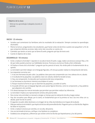 30 / Módulo Nº 2: Acerquémonos a la poesía / Lenguaje y Comunicación / 6° básico / Guía Didáctica
PLAN DE CLASE Nº 12
INICIO / 15 minutos
Socialice qué comentaron los familiares ante los resultados de la evaluación. Siempre constate los aprendizajes
alcanzados.
Motive la lectura, preguntando a los estudiantes ¿qué hacían antes de dormirse cuando eran pequeños?, a fin de
que compartan distintas acciones, tales como: leer, escuchar un cuento, etc.
Cuénteles que leerán un texto que se llama El sueño; pregunte qué tipo de texto será.
Cuente el objetivo de la clase.
DESARROLLO / 55 minutos
El sueño. Luego, realice una lectura coral por filas, a fin
de que todos puedan practicar sus habilidades lectoras. Promueva una lectura fluida y bien enfatizada.
Al finalizar el texto de la Actividad 1 pregunte qué les pareció el texto. No olvide pedir la fundamentación de su
opinión.
La Actividad 2 permite trabajar con el lenguaje figurado, a fin de que puedan realizar la interpretación del texto.
Las respuestas correctas son:
1. A las tres hermanas de pelo rubio. Las palabras clave para esta comprensión son: tres cabezas de oro, abuela.
2. A la abuela de las pequeñas. Las palabras clave son: abuela, donde ha nevado la luna.
4. Las hermanas se durmieron mientras escuchaban el cuento.
5. Porque muestra la forma en que se duermen las pequeñas y acceden al sueño.
6. Se puede afirmar que es lenguaje figurado, pues posee figuras literarias, como la comparación, y hay palabras
que adquieren otro sentido.
Si lo desea destaque las marcas textuales que permiten que permiten realizar las inferencias.
Para revisar esta actividad, es necesario otorgar un tiempo para la realización de ella y luego evaluar.
Hay dos recuadros para dibujar, por lo tanto, es fundamental que en la primera se vea a las tres niñas con su
abuela, quien les lee el cuento.
El segundo recuadro debe destinarse a la imagen de las niñas durmiéndose en el regazo de la abuela.
Pida que realicen la Actividad 4, que implica la lectura del poema Bla bla bla. Pregunte qué es un bla bla bla. Registre
las ideas en la pizarra.
Una vez terminada la lectura, verifique si las hipótesis se cumplieron.
Establezca las semejanzas y diferencias que existen entre los bla bla que hipotetizamos y los del poema.
período.
 