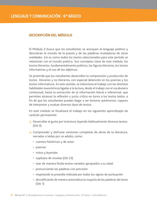 LENGUAJE Y COMUNICACIÓN / 6° BÁSICO
4 / Módulo Nº 2: Acerquémonos a la poesía / Lenguaje y Comunicación / 6° básico / Guía Didáctica
DESCRIPCIÓN DEL MÒDULO
El Módulo 2 busca que los estudiantes se acerquen al lenguaje poético y
descubran el mundo de la poesía y de las palabras reveladoras de otras
realidades. Así es como todos los textos seleccionados para este período se
relacionan con el mundo poético. Son conceptos clave de este módulo, los
textos literarios, fundamentalmente poéticos, las figuras literarias, los textos
informativos y el uso de los adjetivos.
Se pretende que los estudiantes desarrollen la comprensión y producción de
textos literarios y no literarios, con especial detención en los poemas y los
textos informativos. En este sentido, se intenciona el trabajo con las distintas
habilidades taxonómicas ligadas a la lectura, desde el trabajo con el vocabulario
contextual, hasta la extracción de la información literal e inferencial, que
permiten alcanzar la reflexión o juicio crítico en torno a los textos leídos, a
fin de que los estudiantes puedan llegar a ser lectores autónomos, capaces
de interpretar y evaluar diversos tipos de textos.
En este módulo se focalizará el trabajo en los siguientes aprendizajes de
carácter permanente:
Desarrollar el gusto por la lectura, leyendo habitualmente diversos textos.
(OA 9)
Comprender y disfrutar versiones completas de obras de la literatura,
narradas o leídas por un adulto, como:
do la prosodia indicada por todos los signos de puntuación
(OA 1)
 