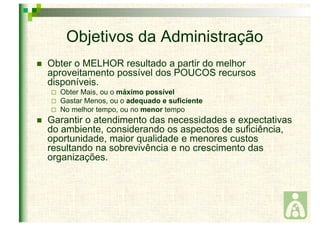 Objetivos da Administração 
 Obter o MELHOR resultado a partir do melhor 
aproveitamento possível dos POUCOS recursos 
disponíveis. 
 Obter Mais, ou o máximo possível 
 Gastar Menos, ou o adequado e suficiente 
 No melhor tempo, ou no menor tempo 
 Garantir o atendimento das necessidades e expectativas 
do ambiente, considerando os aspectos de suficiência, 
oportunidade, maior qualidade e menores custos 
resultando na sobrevivência e no crescimento das 
organizações. 
 