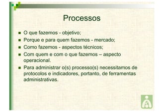 Processos 
 O que fazemos - objetivo; 
 Porque e para quem fazemos - mercado; 
 Como fazemos - aspectos técnicos; 
 Com quem e com o que fazemos – aspecto 
operacional. 
 Para administrar o(s) processo(s) necessitamos de 
protocolos e indicadores, portanto, de ferramentas 
administrativas. 
 
