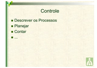 Controle 
 Descrever os Processos 
 Planejar 
 Contar 
 ... 
 