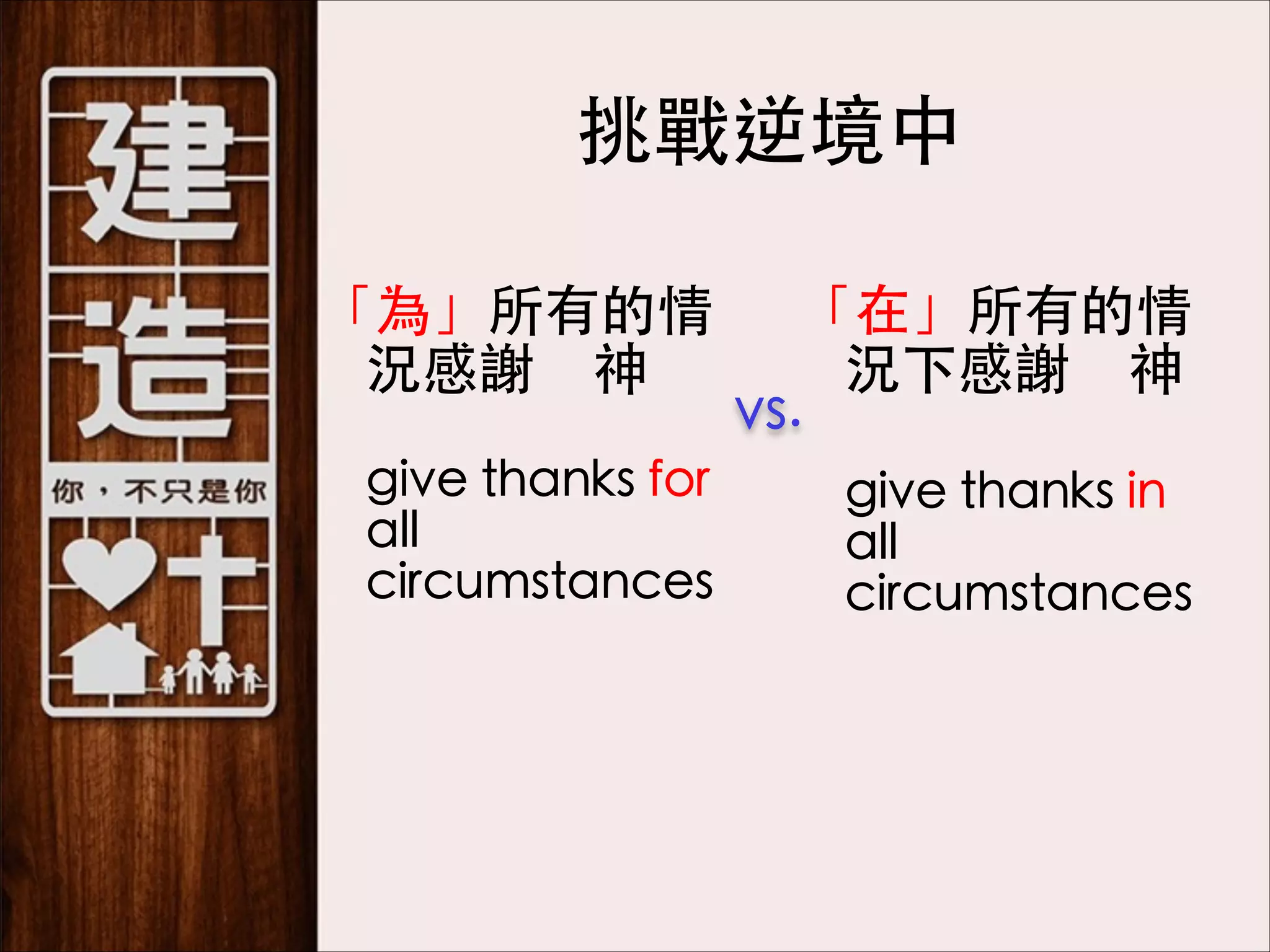 挑戰逆境中
「為」所有的情 「在」所有的情
況感謝　神 
況下感謝　神
vs. 
 
give thanks for
all
circumstances

give thanks in
all
circumstances

 