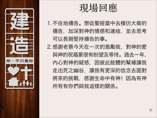 現場回應
1. 不住地禱告。想從聖經當中去模仿大衛的
禱告，加深對神的情感和連結，並去思考
可以長期堅持禱告的事。
2. 感謝老蔡今天在一次的激勵我，對神的愛
與神的祝福要很有盼望及等待。過去一年，
內心對神的疑惑，因彼此肢體的幫補讓我
走出死之幽谷，讓我有更深的信念去面對
將來的挑戰，感謝生命中有神！因為有神
所有有你們與我這樣的關係。

!22

 
