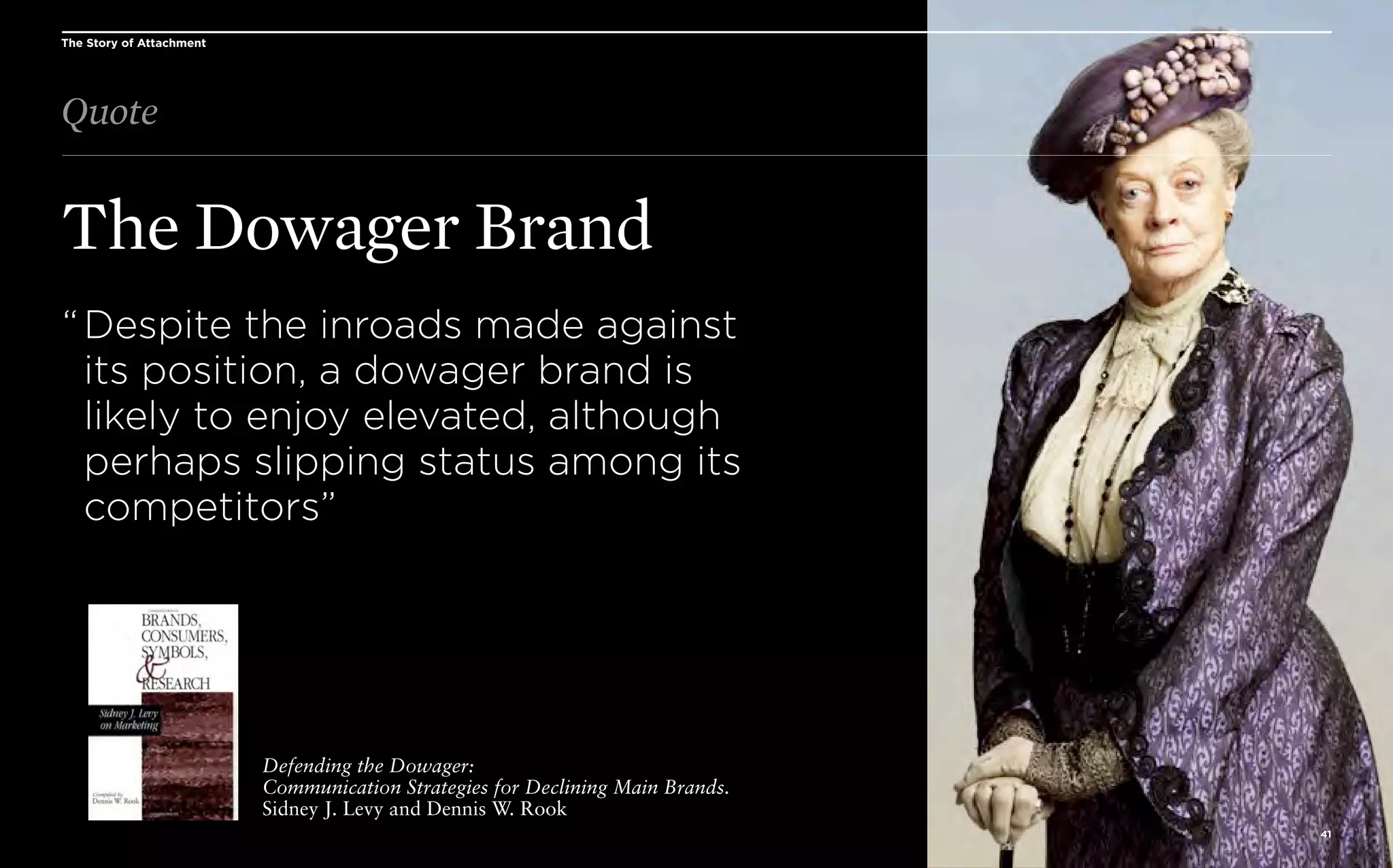 The Story of Attachment

Quote

The Dowager Brand
“ Despite the inroads made against
its position, a dowager brand is
likely to enjoy elevated, although
perhaps slipping status among its
competitors”

Defending the Dowager:
Communication Strategies for Declining Main Brands.
Sidney J. Levy and Dennis W. Rook
41

 
