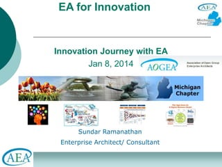 EA for Innovation

Innovation Journey with EA
Jan 8, 2014

Sundar Ramanathan
Enterprise Architect/ Consultant

 