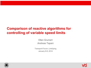 Comparison of reactive algorithms for
controlling of variable speed limits
Ellen Grumert
Andreas Tapani
Transport Forum, Linköping
January 8-9, 2014

 